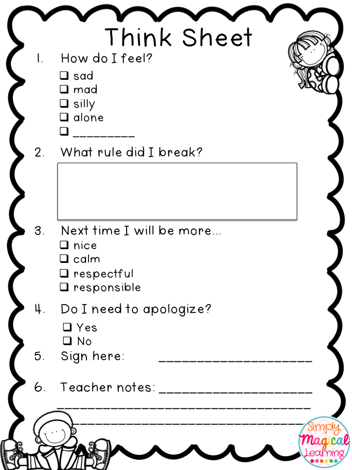 Behavior Think Sheet Kindergarten