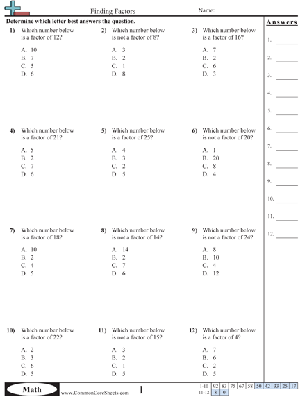 4th Grade Factors And Multiples Worksheet With Answers