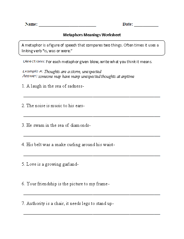 Answer Key Metaphor Worksheets With Answers