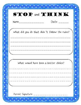 Stop And Think Behavior Sheet