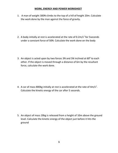 Answer Key Work Power And Energy Worksheet Answers