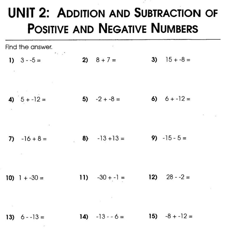 Adding And Subtracting Positive And Negative Numbers Worksheet With Answers