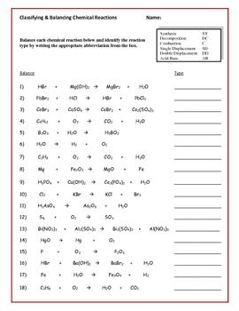 Writing And Balancing Chemical Equations Worksheet Answers
