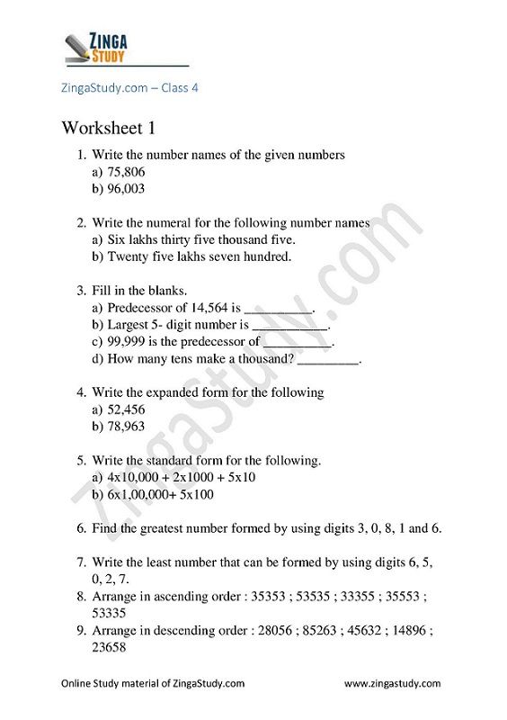6th Grade Class 6 Maths Chapter 1 Worksheet Pdf