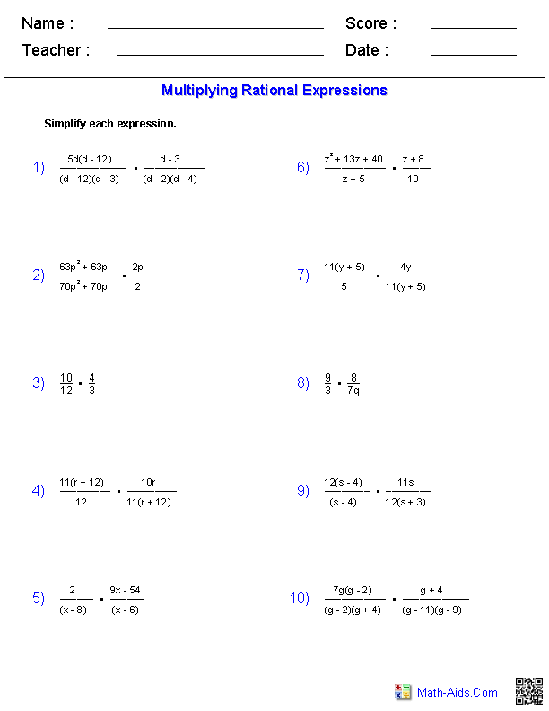 Algebra Solving Rational Equations Worksheet