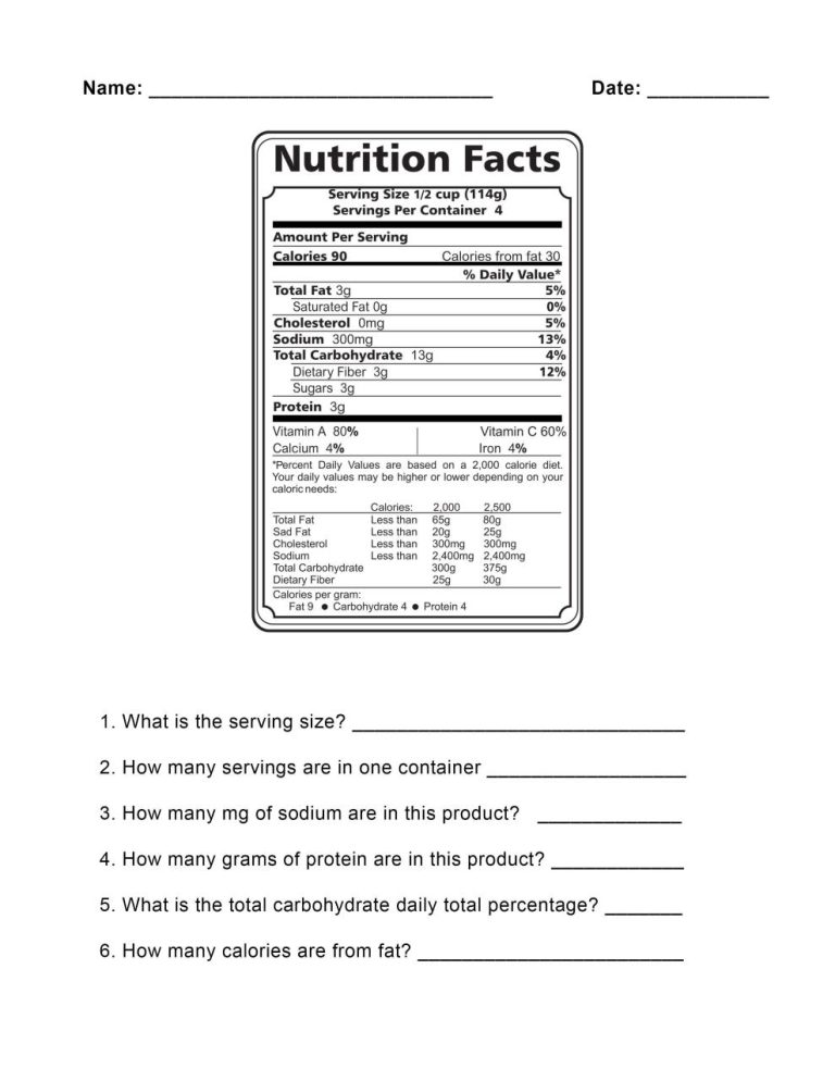 Understanding Food Labels Worksheet Answers