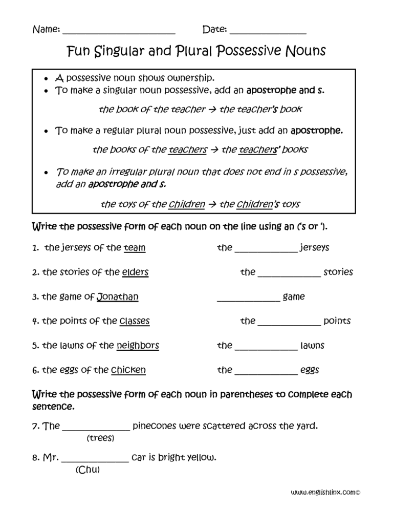 Fourth Grade Singular And Plural Sentences Worksheets With Answers
