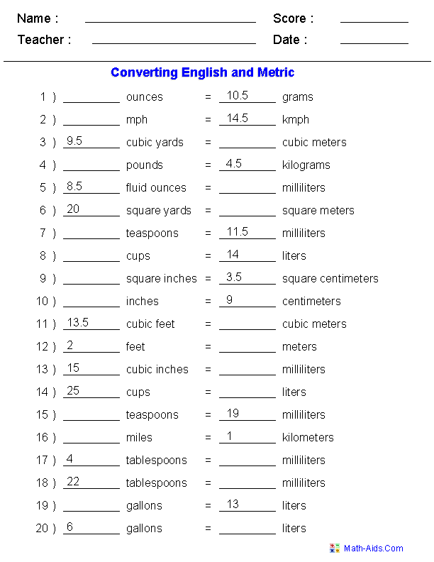 Answer Key Converting Between Metric Units Worksheet