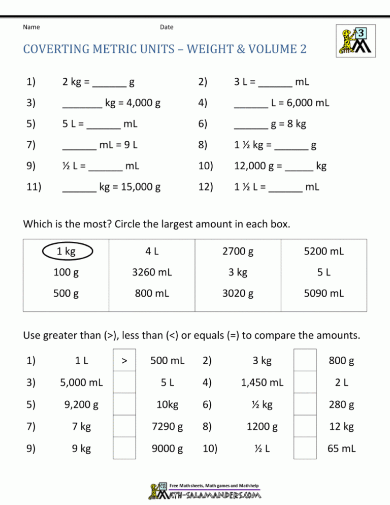 4th Grade Metric Conversion Worksheets