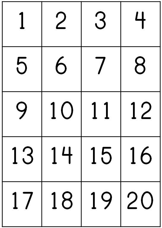 Numbers 1-20 Chart Printable