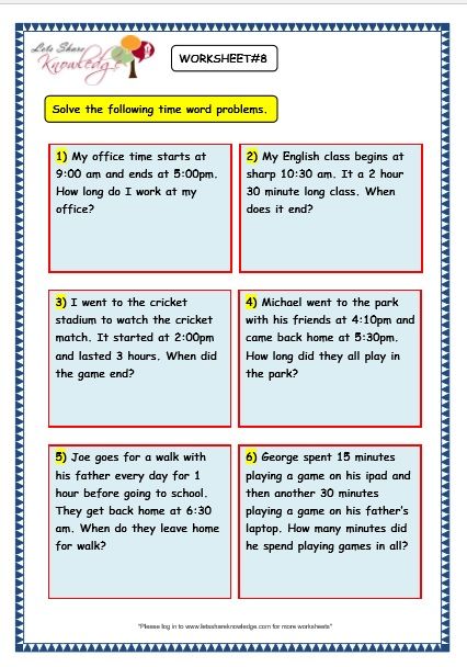 Telling Time Worksheets Grade 3 Word Problems