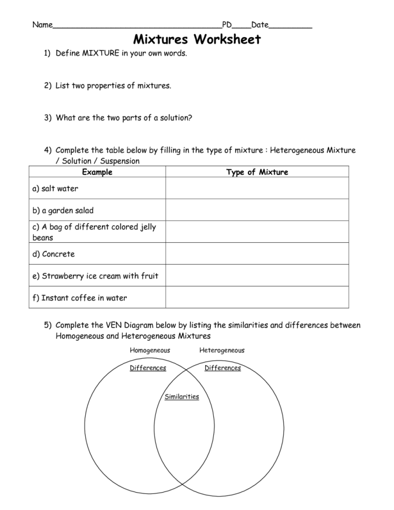 Separating Mixtures Worksheet Grade 6 Pdf