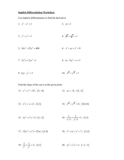 Implicit Differentiation Worksheet With Solutions Pdf