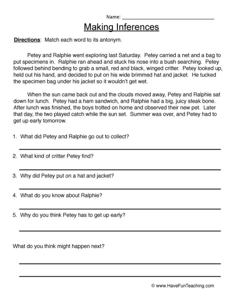8th Grade Inferences Worksheet 1 Answers