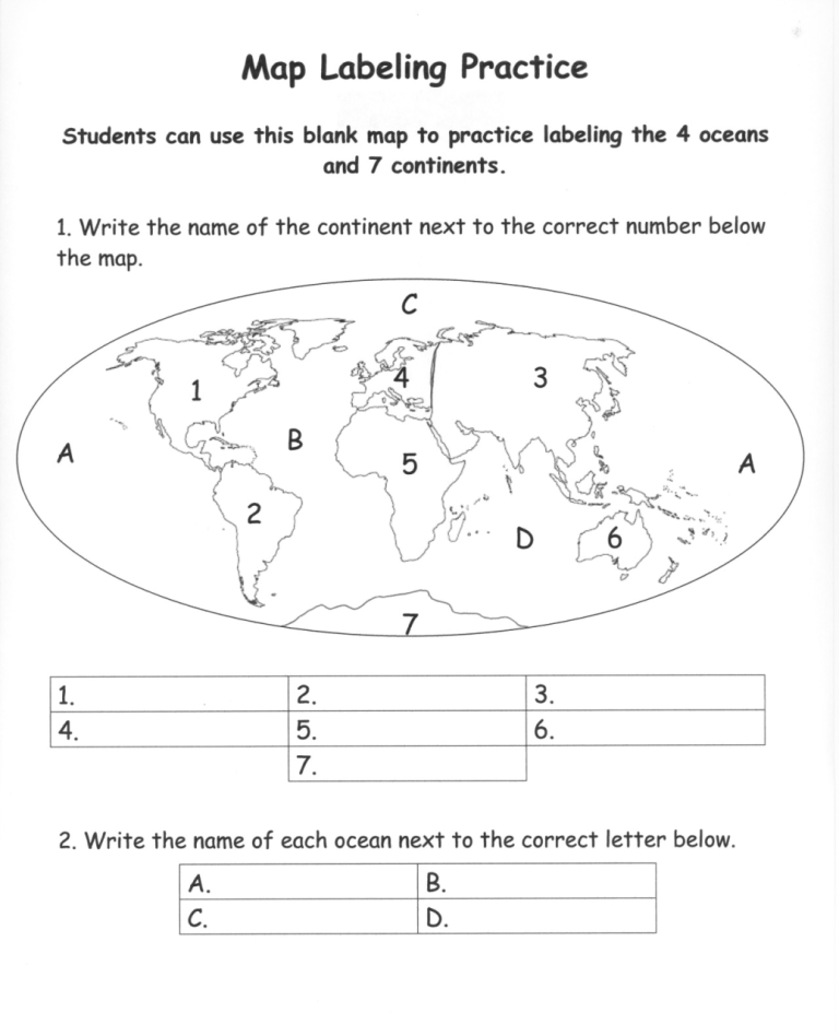 Printable 3rd Grade Continents And Oceans Worksheet