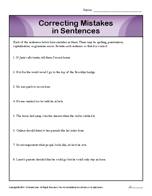 3rd Grade Sentence Correction Worksheets Pdf