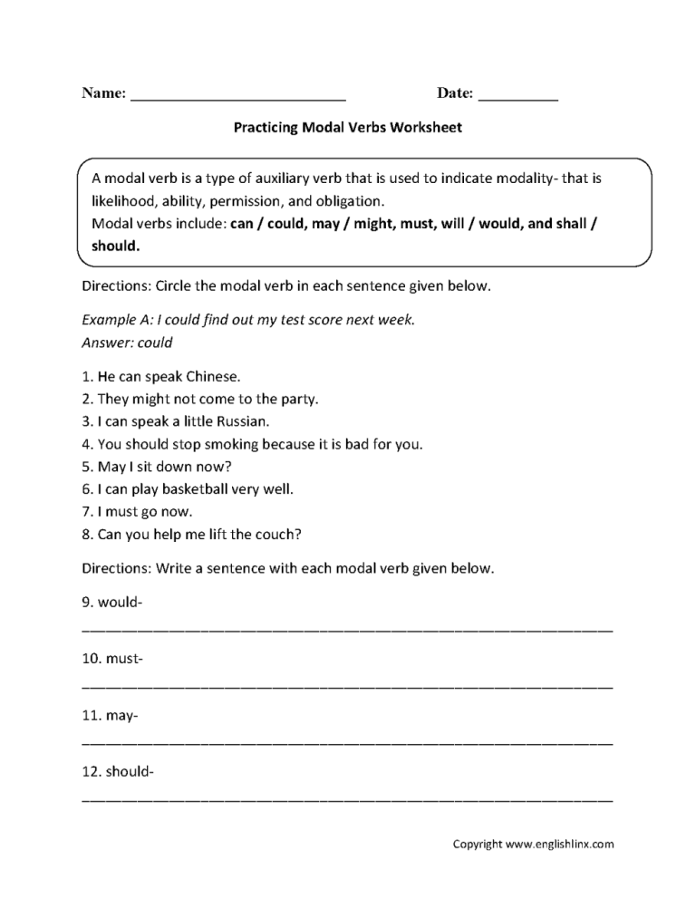 Grade 5 Modal Verbs Worksheets With Answers