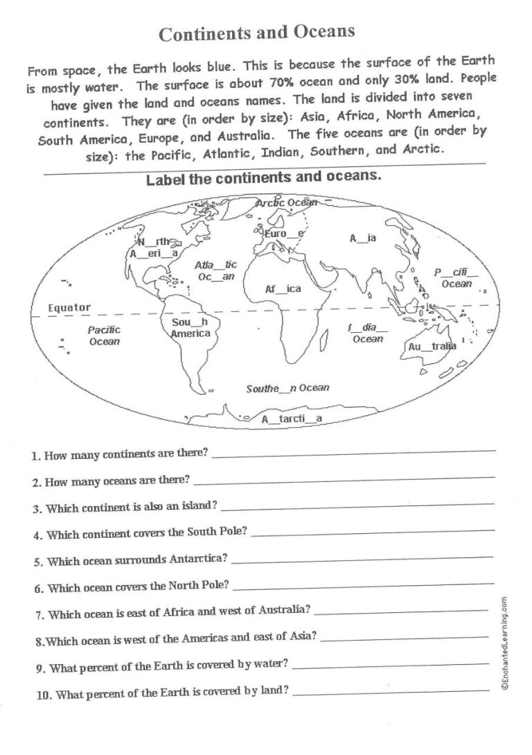 Free Printable Continents And Oceans Worksheet