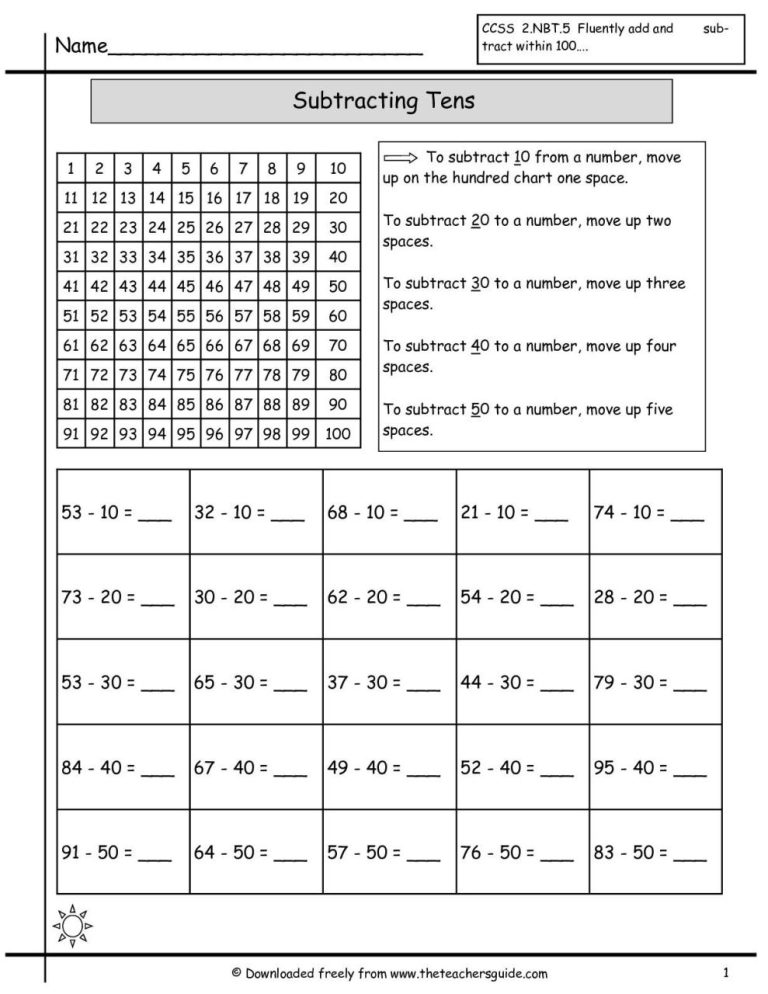 Adding And Subtracting Tens Free Worksheets