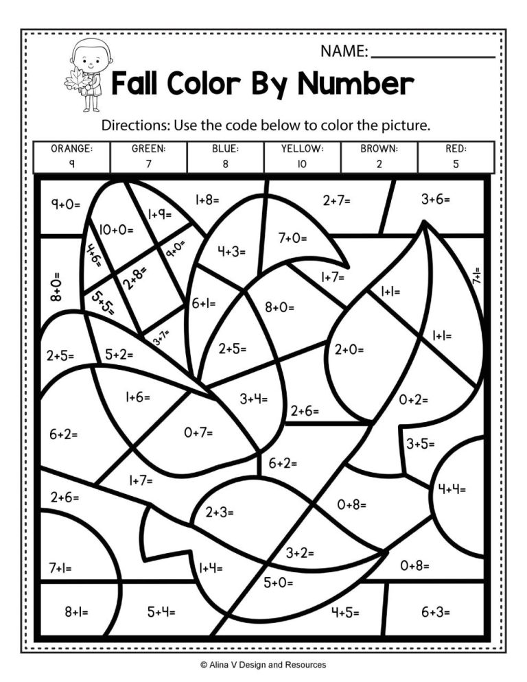 Fall Color By Number Addition Free