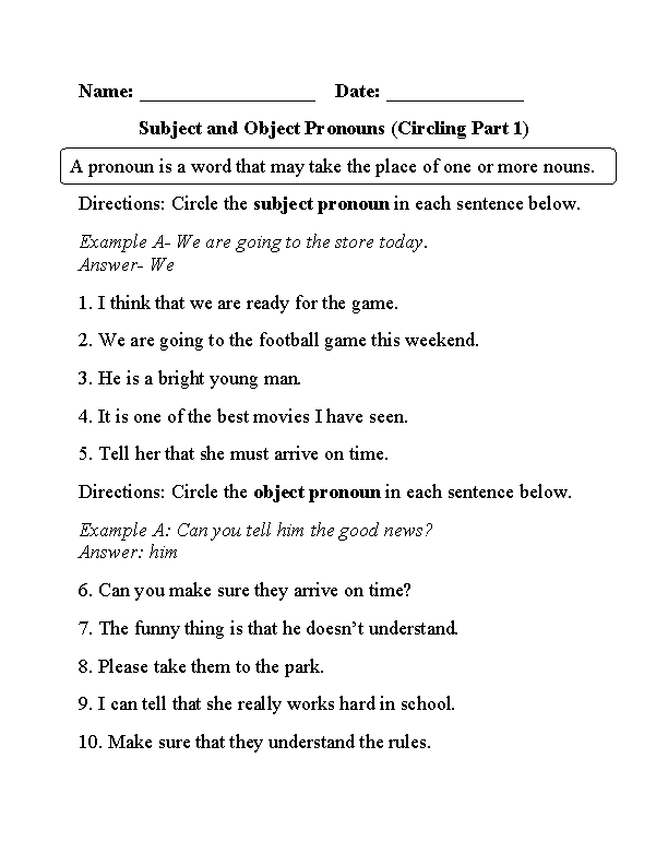 Sixth Grade Subject And Object Pronouns Worksheets With Answers Pdf