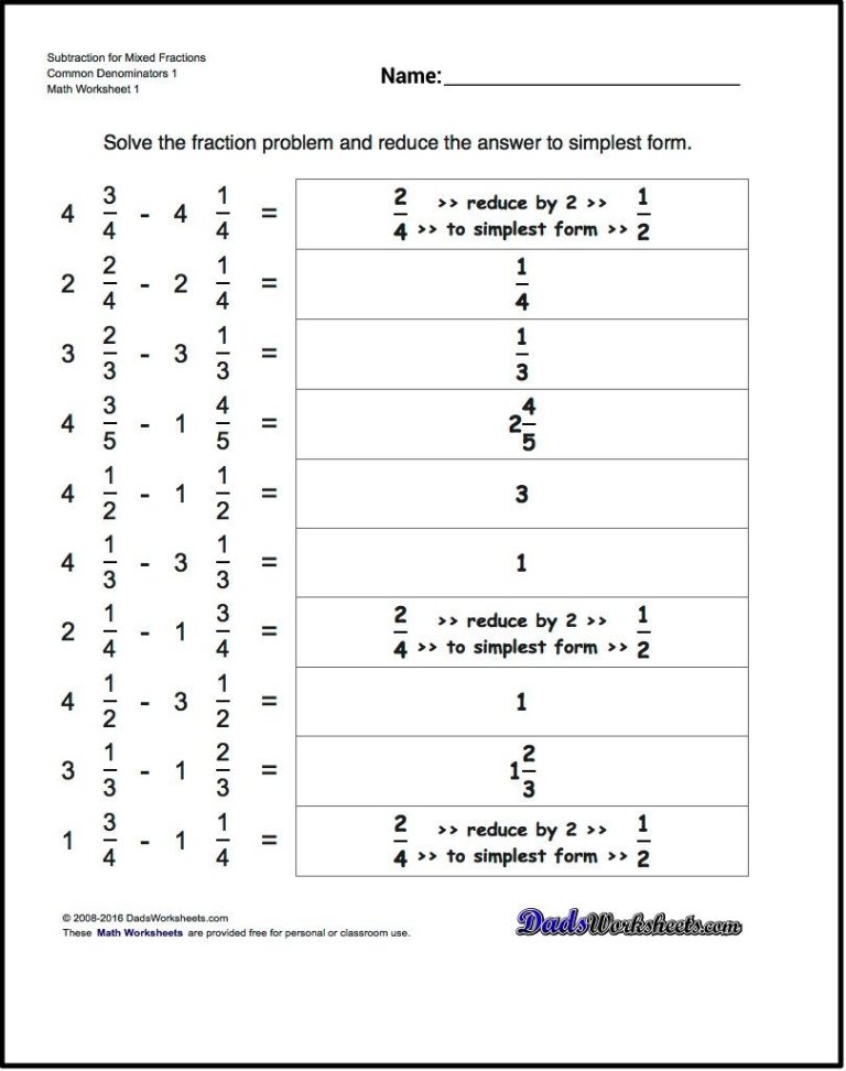 Addition Of Fractions Worksheets With Answers Pdf