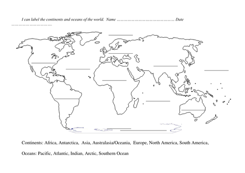 Printable Blank Continents And Oceans Worksheet Pdf
