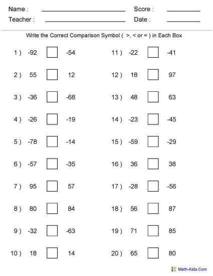 6th Grade Integers Worksheet Grade 6 With Answers