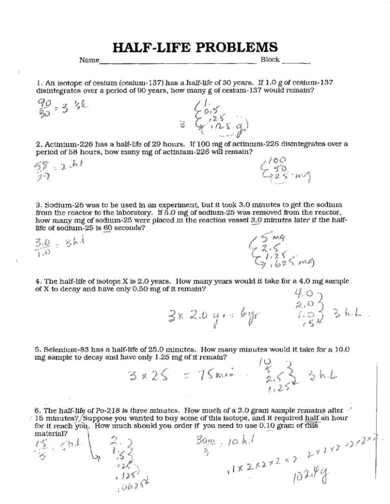 Chemistry Half Life Problems Worksheet Answers
