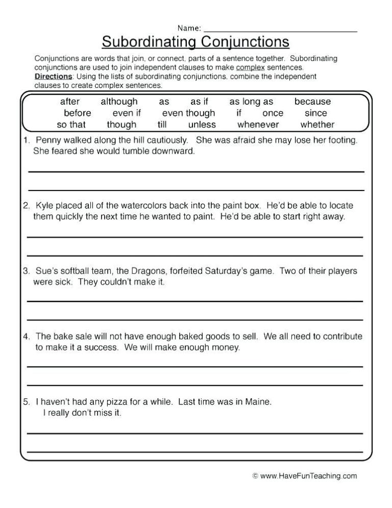 Coordinating And Subordinating Conjunctions Worksheets Pdf