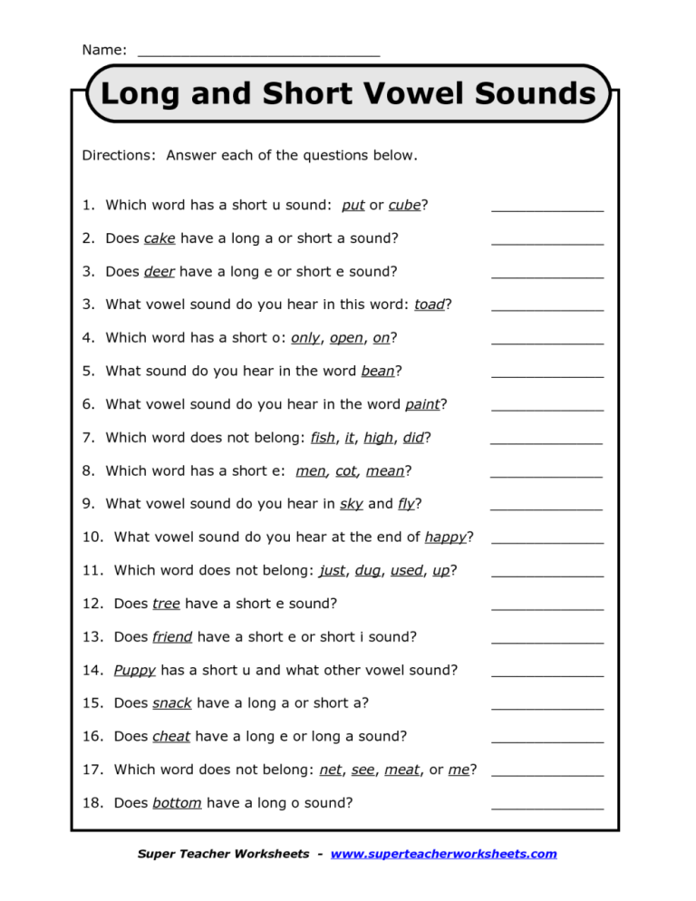 4th Grade Short And Long Vowel Worksheets