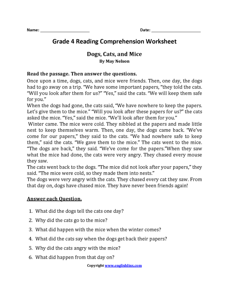 Reading Comprehension Worksheets For Grade 4 Pdf