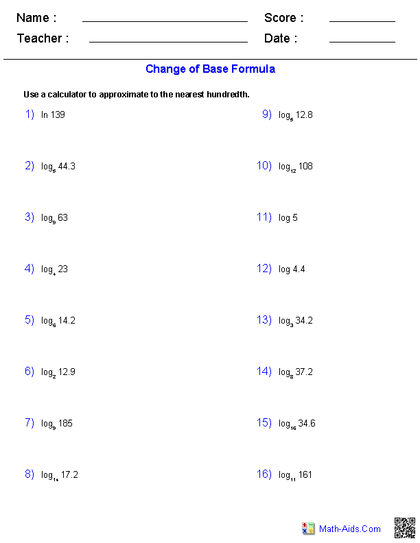 Answer Key Logarithm Worksheet With Answers
