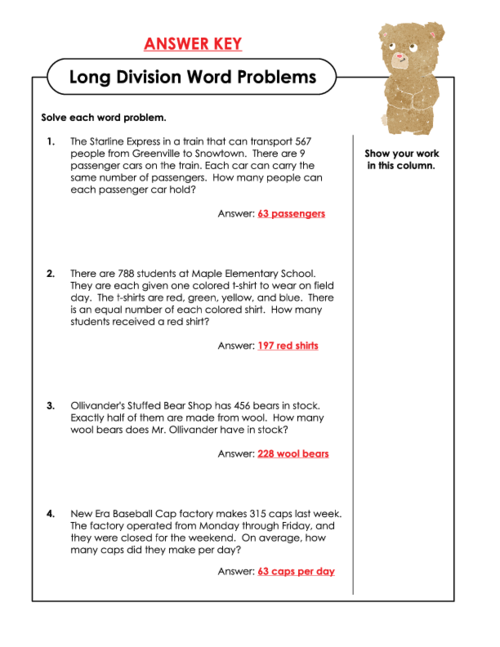 Long Division Word Problems Worksheets Grade 5