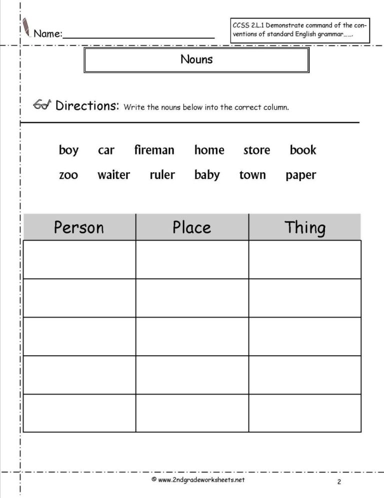 Identification First Grade Noun Worksheets For Grade 1