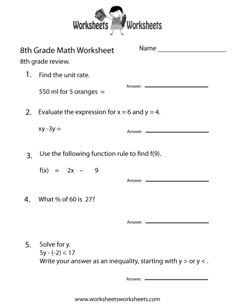 Printable Eighth Grade 8th Grade Math Worksheets Pdf