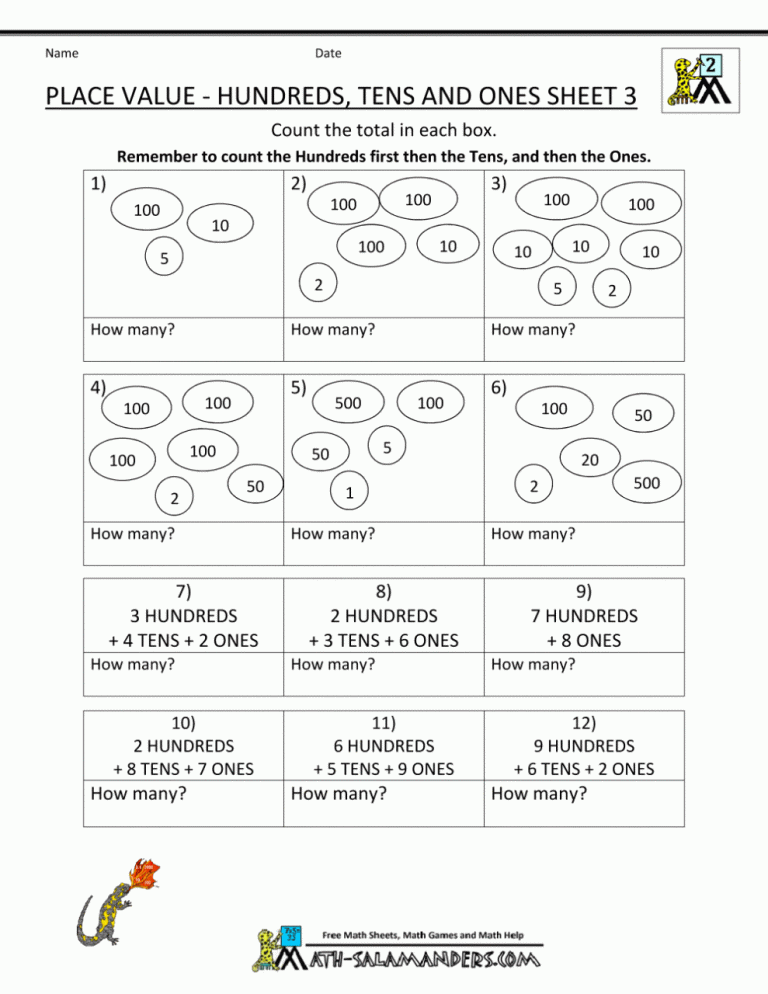Hundreds Tens And Ones Worksheets 2nd Grade Free Printable