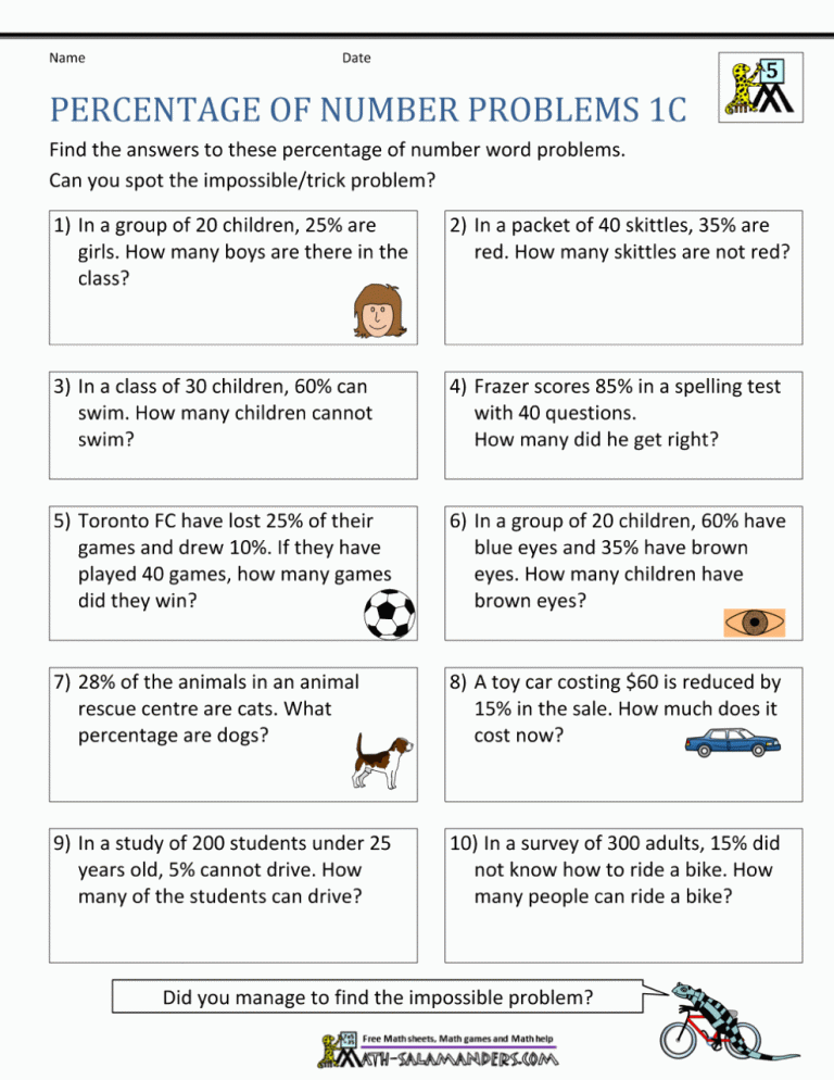 6th Grade Percentage Word Problems Worksheets