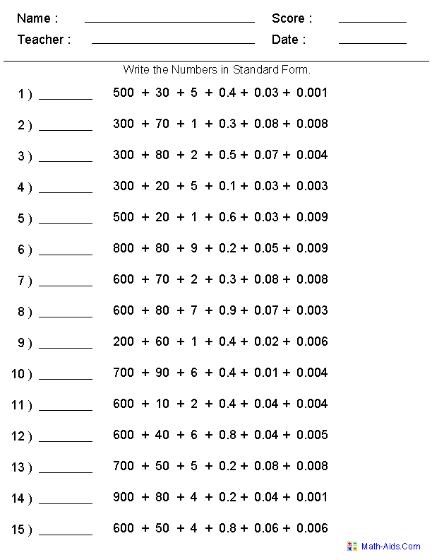 4th Grade Expanded Notation With Decimals Worksheets