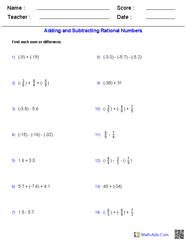 Grade 6 Ordering Rational Numbers Worksheet