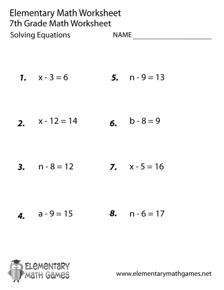 Maths Worksheet For Class 7 Simple Equations