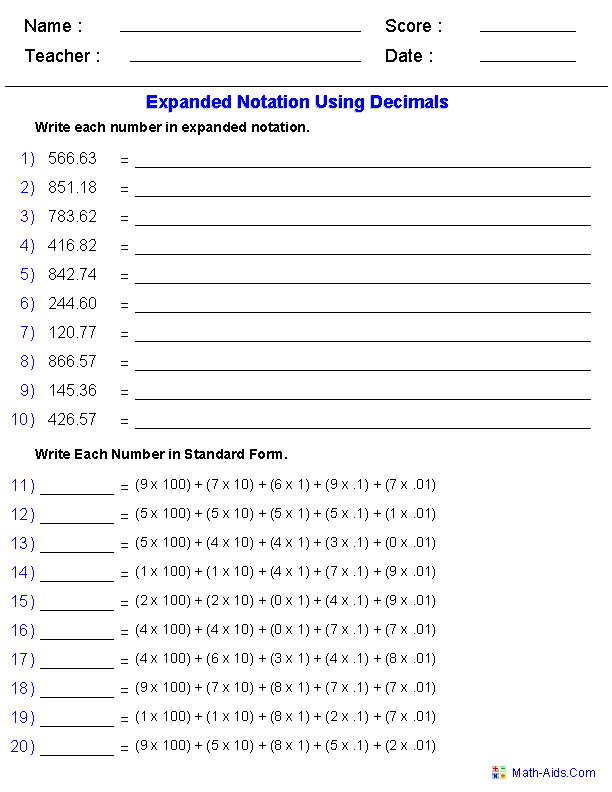 6th Grade Expanded Notation Worksheets