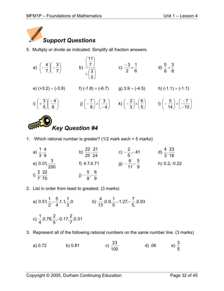 Rational Numbers Worksheet Grade 7 With Answers Pdf