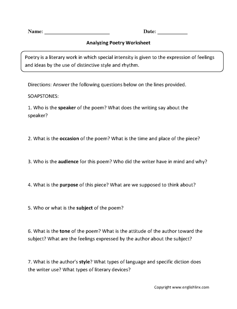 Poetic Devices Worksheet 5 Quizlet