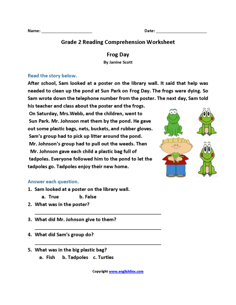Free Reading Comprehension Second Grade 2nd Grade Reading Worksheets