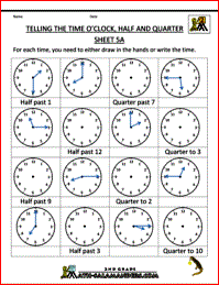 Printable Half Past Clock Worksheets
