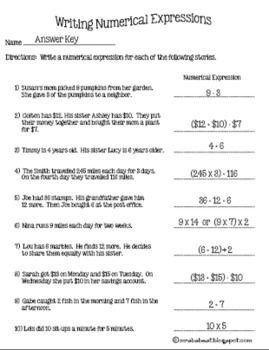 Printable Writing Numerical Expressions 5th Grade Worksheets
