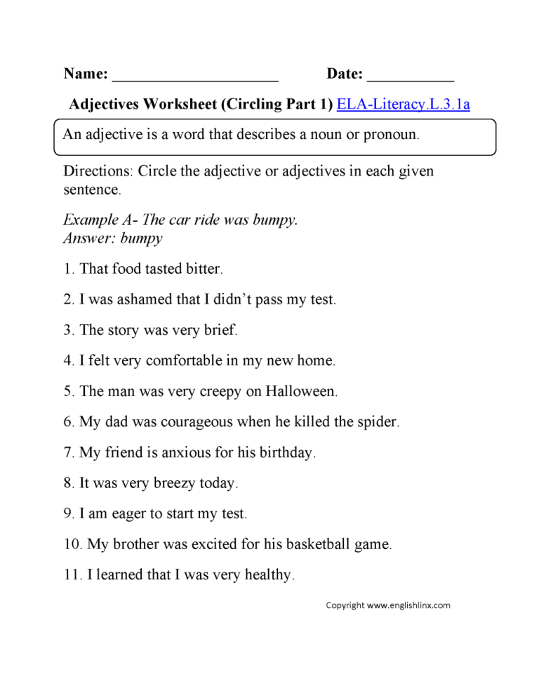4th Grade Noun Verb Adjective Worksheet