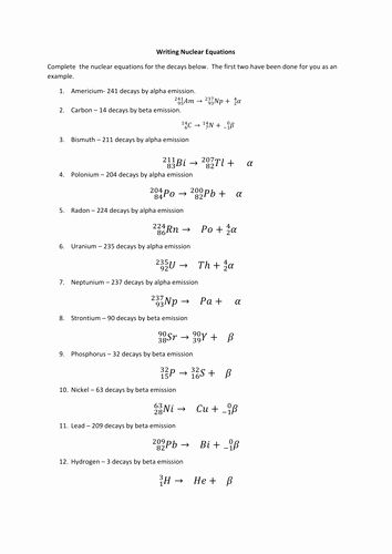 Writing Nuclear Equations Worksheet Answer Key