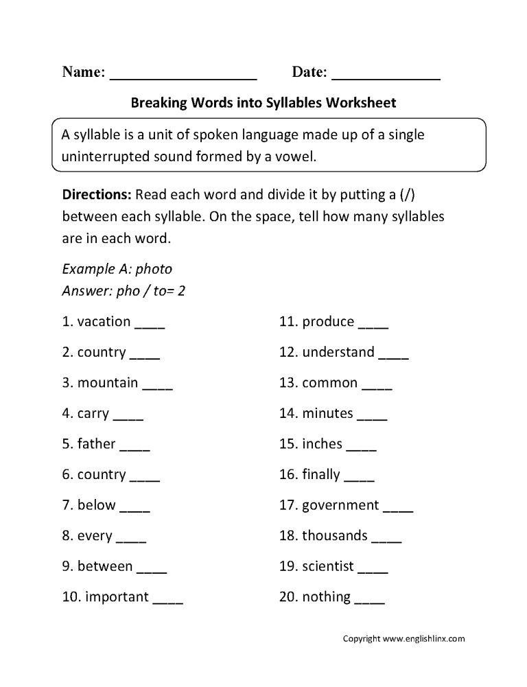6th Grade Syllabication Worksheets With Answer Key Pdf